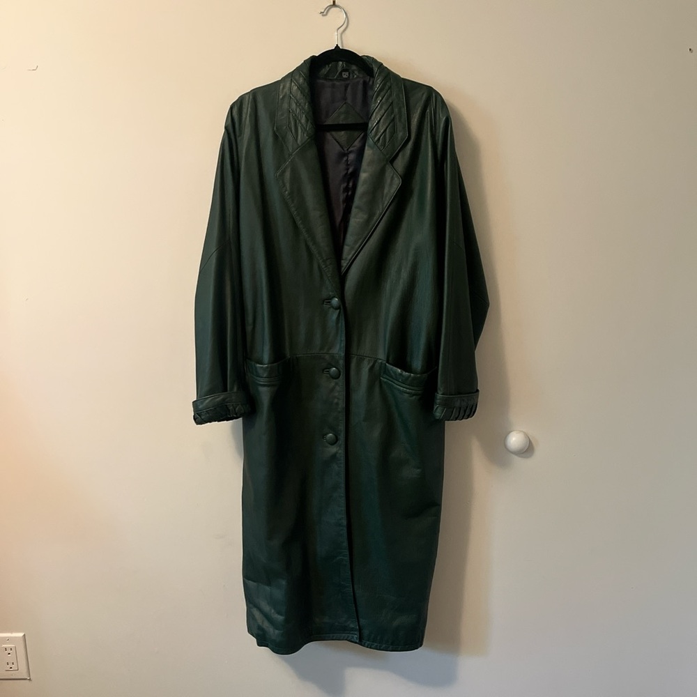 Vintage Green Leather Trench Coat | Size M